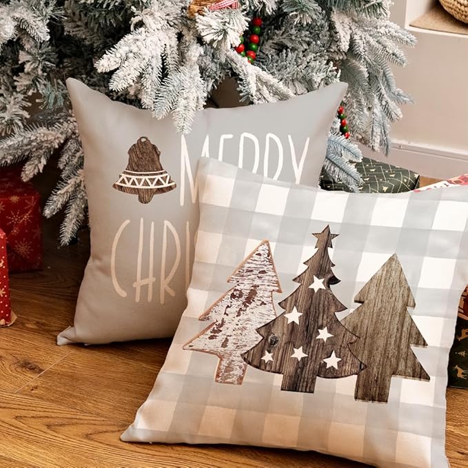 GEEORY Christmas Pillow Covers 18 x 18 Inch Set of 4, Buffalo Plaid Wooden Tree Snow Sleigh Merry Xmas Holiday Decor Decorative Throw Cushion Cases Decoration for Home Party Sofa Couch (Beige) GEEORY