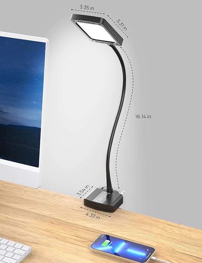 TROND Desk Lamp with Versatility Clamp, 1000LM Clip on Light, 5 Color Modes 5 Brightness Levels, Gooseneck Touch Control with USB Charging Port, 30 Mins Timer for Reading Craft Sewing Work Study Task - LeafyLoom