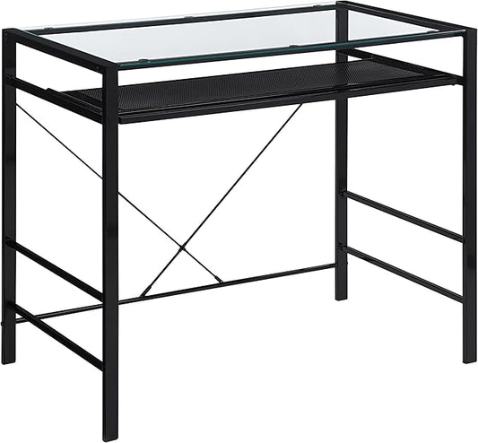 OSP Home Furnishings Zephyr Computer Desk with Keyboard Shelf and Tempered Glass Top, Clear Glass and Black Frame, 36" W x 20" D x 30.25" H - LeafyLoom