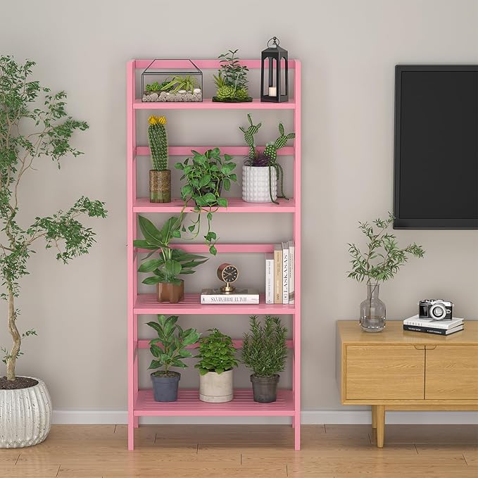 Homykic Bamboo Ladder Bookshelf, 4-Tier Ladder Shelf Open Book Shelf Freestanding Bookcase Bathroom Storage Rack Plant Stand for Living Room, Bedroom, Office, Easy Assembly, Pink - LeafyLoom