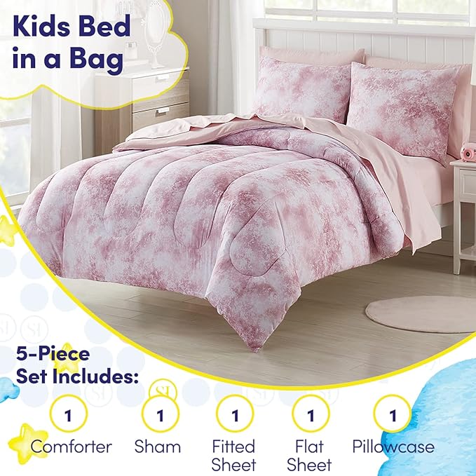 Kids Bedding Set Bed in a Bag for Boys and Girls Toddlers Printed Sheet Set and Comforter , Twin, Waterbury Marble - LeafyLoom