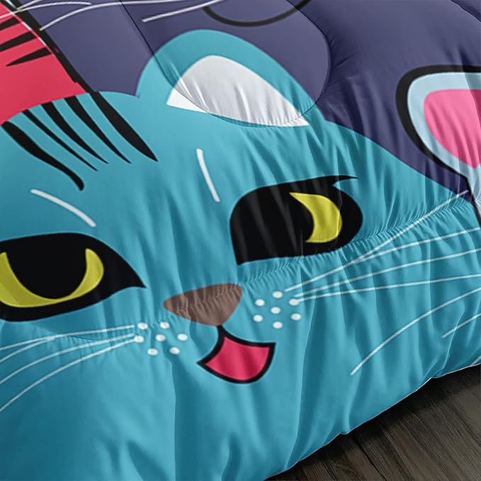 Axolotl Cartoon Cat Comforter Set Kids Bedding Full Size,Cute Colorful Cat Bedding Set for Kids Boys Girls Adults Teens Room Decor,Kids Comforter Set All Season,1 Comforter 2 Pillow Cases - LeafyLoom