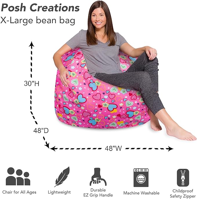 Posh Creations Bean Bag Chair for Kids, Teens, and Adults Includes Removable and Machine Washable Cover, Canvas Multi-Colored Hearts on Pink, 48in - X-Large - LeafyLoom