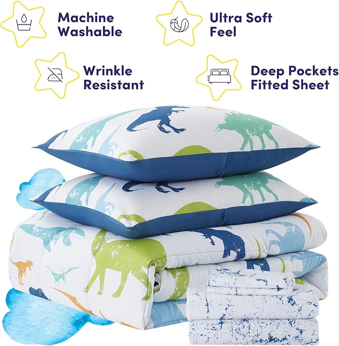 Kids Bedding Set Bed in a Bag for Boys and Girls Toddlers Printed Sheet Set and Comforter, Full, Dinosaur (Pack of 4) - LeafyLoom