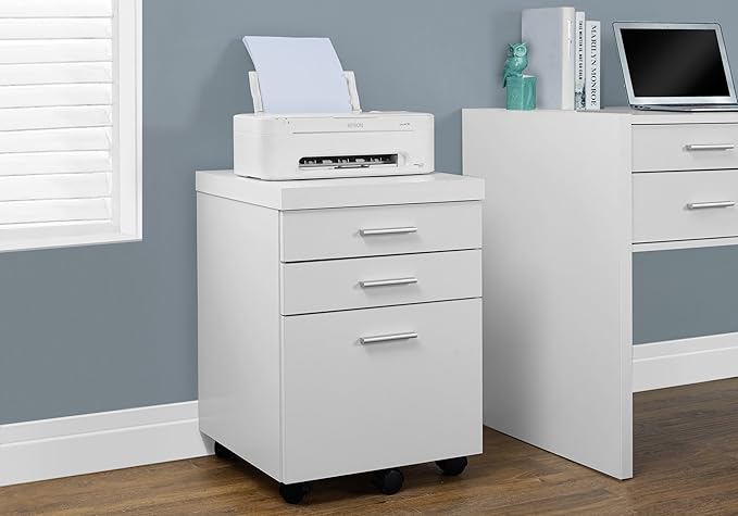 Monarch Specialties White Hollow-Core 3 Drawer File Cabinet on Castors - LeafyLoom