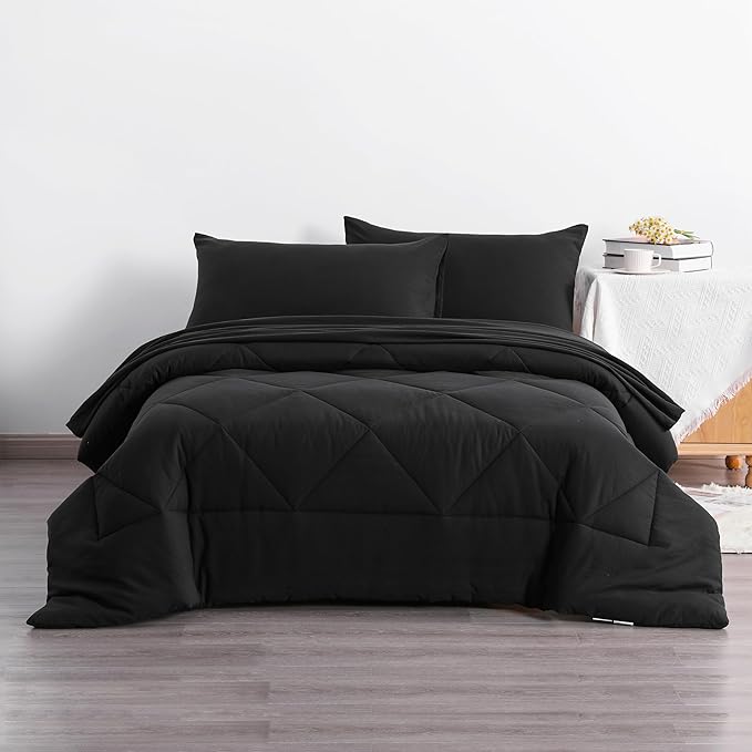 NTBAY Twin Comforter Set with Sheets, 5 Pieces Soft and Breathable Twin Bedding Set, Twin Bed in a Bag, Down Alternative Comforter Set Solid Color All Season, Kids Bedding Set, Black - LeafyLoom