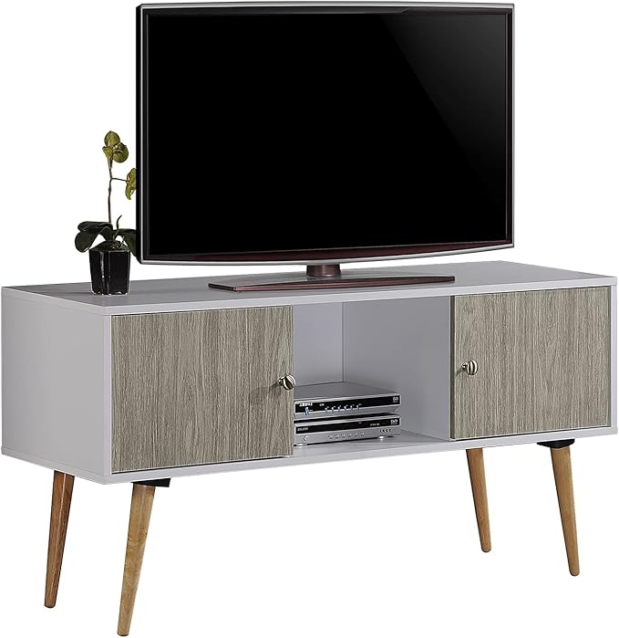 Hodedah Retro Style TV Stand with Two Storage Doors, and Solid Wood Legs, White - LeafyLoom