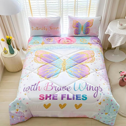 Twin Size Comforter Set for Girls, 5-Piece Bed in a Bag, 3D Colorful Butterfly Bedding Comforter Sheet Set, Ultra Soft and Fluffy, Pink & Rainbow Color - LeafyLoom