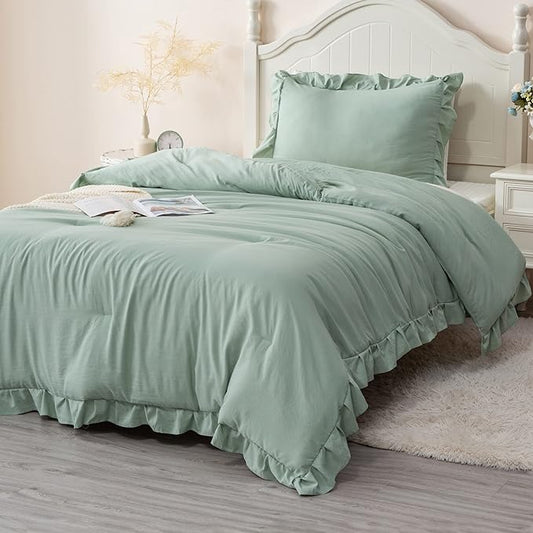 Andency Sage Green Twin Comforter Set, 2 Pieces Kids Ruffle Comforter Set Twin(66x90Inch), Farmhouse Shabby Chic Comforter Set, Soft Microfiber Kids Bedding Set - LeafyLoom