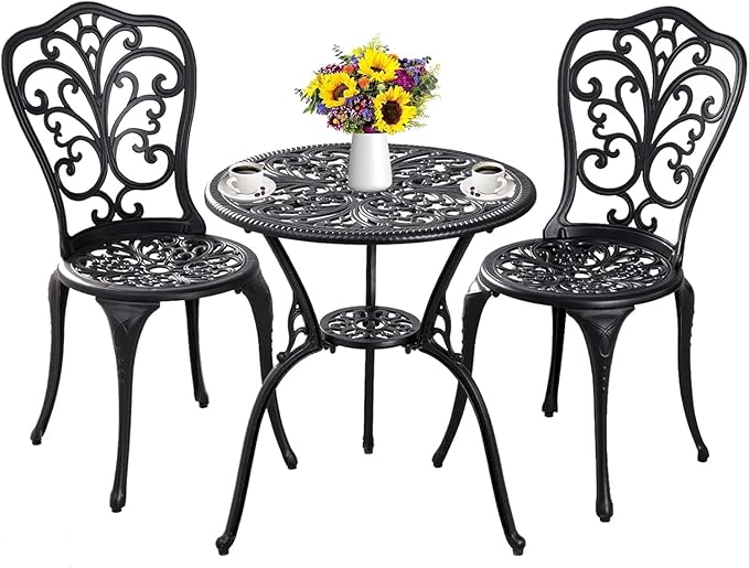 Outdoor Bistro Set 3 Piece Patio Bistro Set, Cast Aluminum Bistro Table and Chairs Set of 2, Small Patio Table Set for Porch, Black - LeafyLoom