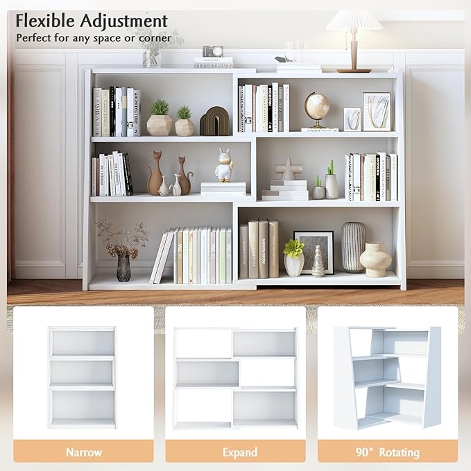 IOTXY Wooden Extendable Shelf Bookcase - 3-Tier Ladder Low Short Bookshelf for Small Space or Corner, White, L - LeafyLoom