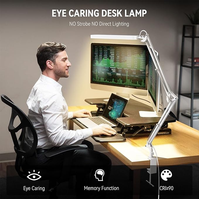 SKYLEO Desk Lamp - 31.5" Desk Light - 5 Color Modes X 11 Brightness Levels - Adjustable Swing Arm - Timmer & Memory Function - 12W Study Lamp - White - LeafyLoom