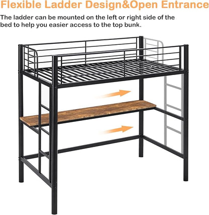 VECELO Metal Loft Bed Twin Size with Desk, Heavy Duty Bedframe with Removable Ladder and Safety Guardrail, Space-Saving, Noise Free, No Box Spring Needed, Black - LeafyLoom