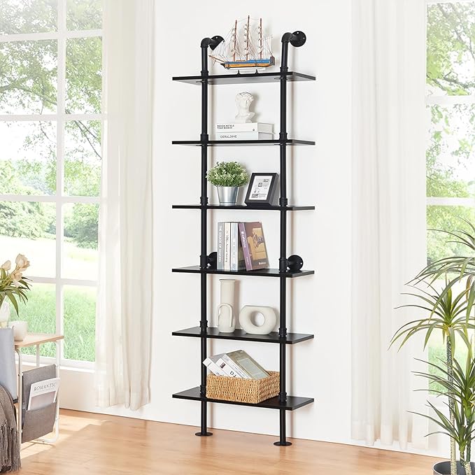 HOMBAZAAR Industrial Bookshelf, 6-Tier Industrial Pipe Bookshelf, Wall Mounted Ladder Shelf with Metal Frame for Home Office, Living Room, Black - LeafyLoom