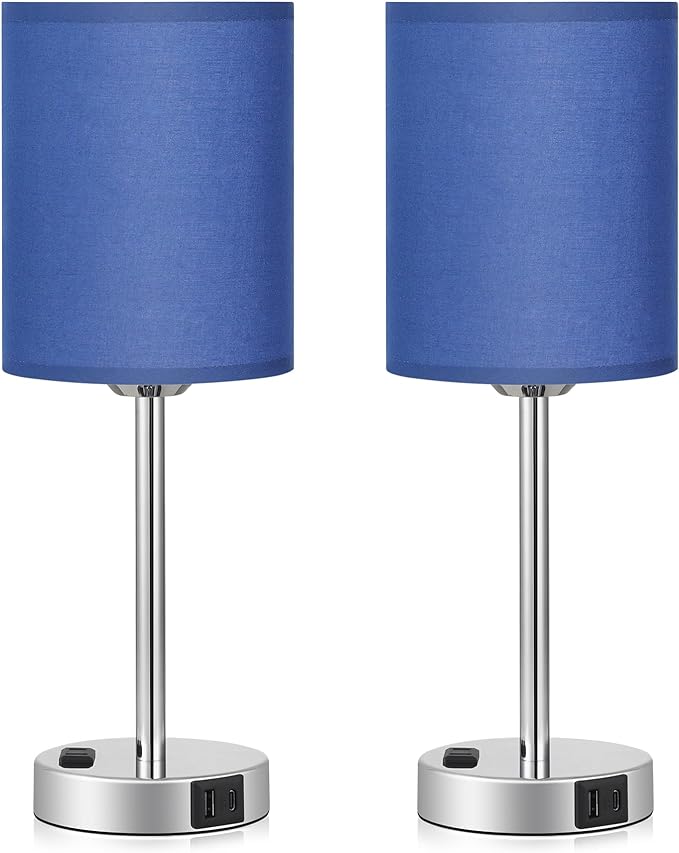 Blue Bedside Table Lamps for Bedroom Set of 2 - Touch Nightstand Lamp with USB-A+C Charging Ports & AC Outlet - 3 Way Dimmable Small Desk Lamp White for Office, Living Room, Reading - LeafyLoom