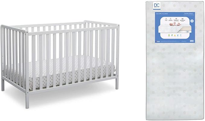 Delta Children Heartland 4-in-1 Convertible Crib, Bianca White + Delta Children Twinkle Galaxy Dual Sided Recycled Fiber Core Crib and Toddler Mattress (Bundle) - LeafyLoom