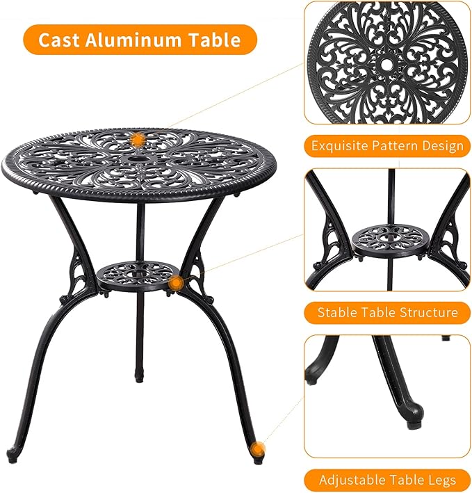 Outdoor Bistro Set 3 Piece Patio Bistro Set, Cast Aluminum Bistro Table and Chairs Set of 2, Small Patio Table Set for Porch, Black - LeafyLoom