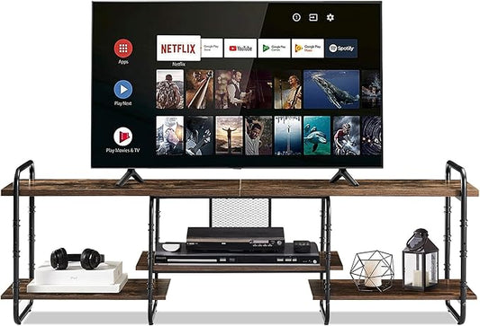 VECELO Industrial Television Stand up to 75 Inch TV Entertainment Center/Media Console Table with Open Storage Shelves for Living Room/Bedroom, Classic Brown - LeafyLoom