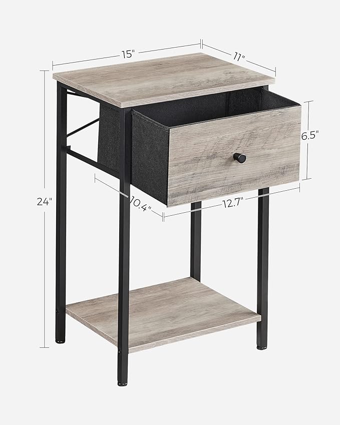 VASAGLE Nightstand, Side Table with Fabric Drawer, 24-Inch Tall End Table with Storage Shelf, Bedroom, Greige and Black ULGS021B02 - LeafyLoom