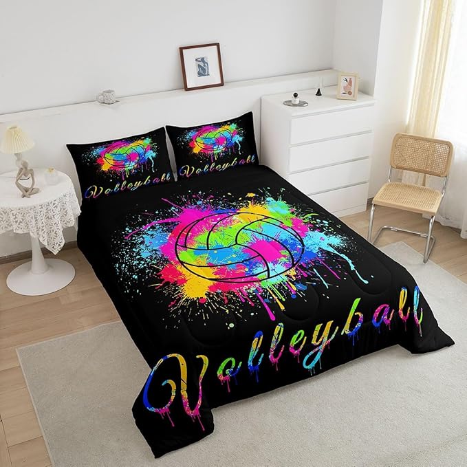 Feelyou Kids Volleyball Comforter Set King Size Sports Game Bedding Set for Boys Girls Teens Bedroom Decor Tie Dye Comforter Women Men Volleyball Player Duvet Set with 2 Pillow Case - LeafyLoom