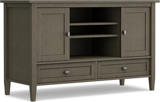 SIMPLIHOME Warm Shaker SOLID WOOD Universal TV Media Stand, 47 inch Wide, Transitional, Living Room Entertainment Center, Storage Cabinet, for Flat Screen TVs up to 55 inches in Farmhouse Grey - LeafyLoom