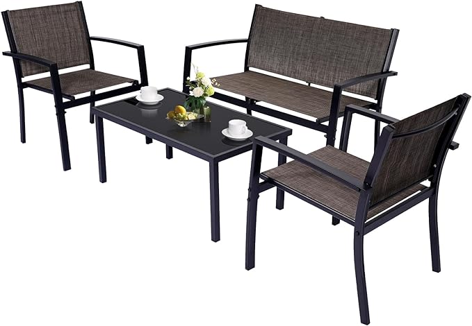 4 Pieces Patio Furniture Set Outdoor Garden Patio Conversation Sets Poolside Lawn Chairs with Tempered Glass Coffee Table Loveseat Porch Furniture Textilene Fabric Brown - LeafyLoom