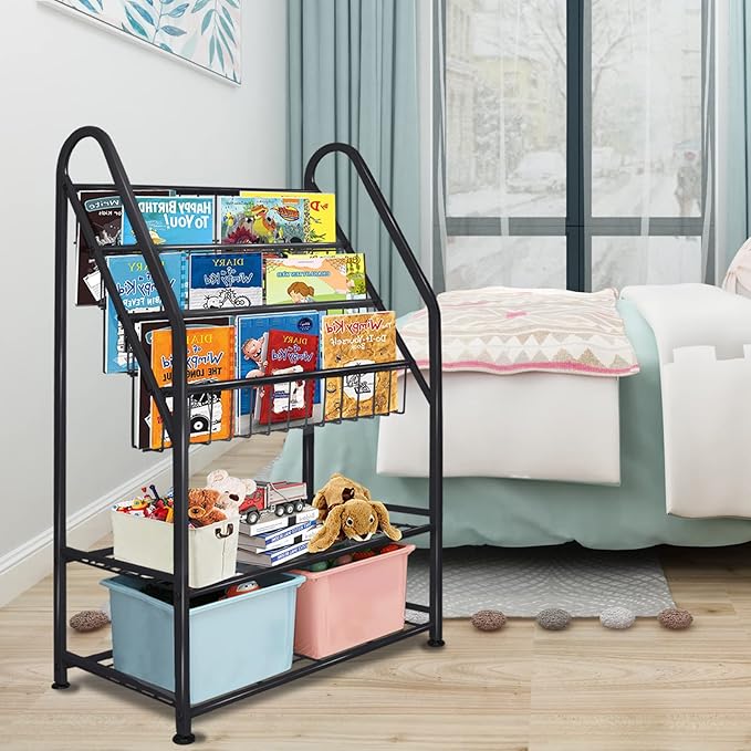 aboxoo Metal Kids Bookshelf Black Toy Chests & Organizers Large Freestanding for Children Toy Chests & OrganizersRoom 25 in Toy Organizer Large Stable Bookcase Bookstore Library Bed Living Room - LeafyLoom