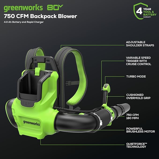 Greenworks 80V (750 CFM) Backpack Blower, 4.0Ah Battery and 4A Charger - LeafyLoom