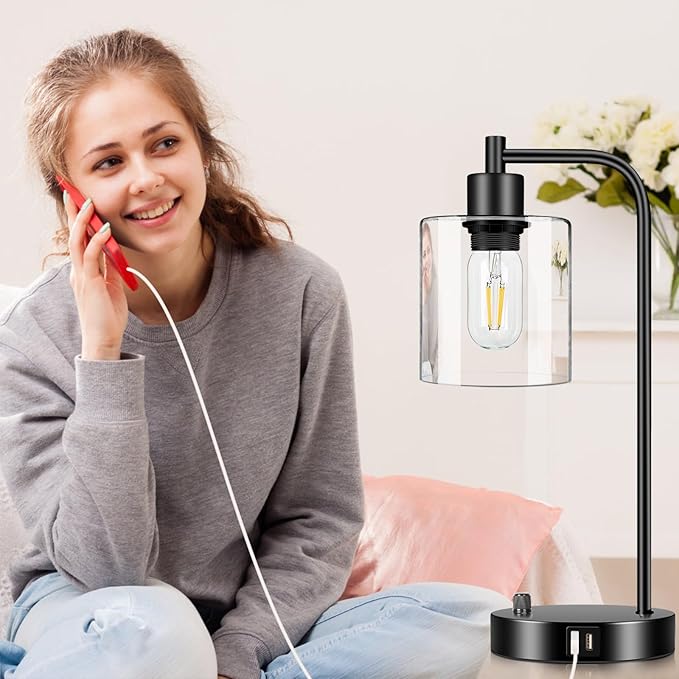 Industrial Table Lamp with 2 USB Charging Ports, Fully Stepless Dimmable Modern Nightstand Lamp, Glass Shade Bedside Desk Lamp for Bedroom Living Room Office, 6W 2700K LED Edison Bulb Included - LeafyLoom