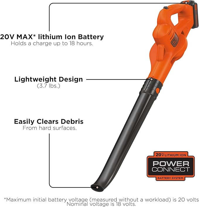 BLACK+DECKER 20V MAX Cordless Leaf Blower, Lawn Sweeper, 130 mph Air Speed, Lightweight Design, Battery and Charger Included (LSW221) - LeafyLoom