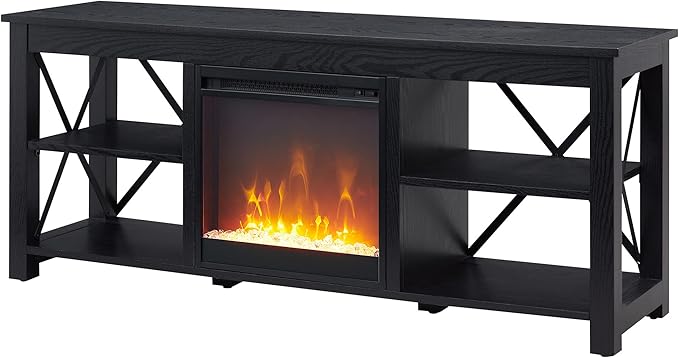 Henn&Hart Rectangular TV Stand with Crystal Fireplace for TV's up to 65" in Black, TV Stands for the Living Room - LeafyLoom