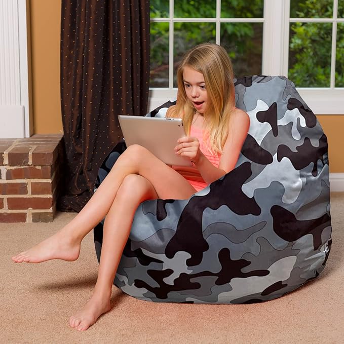 Posh Creations Bean Bag Chair for Kids, Teens, and Adults Includes Removable and Machine Washable Cover, Soft Nylon - Camo Gray and White, 48in - X-Large - LeafyLoom