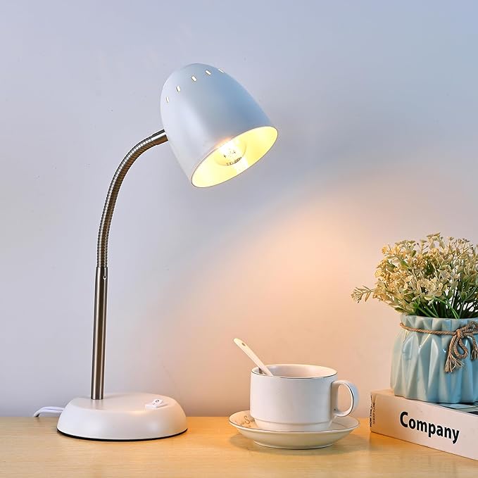 Eye-Caring Table Lamp of Simple Designs Home E26 Led Screw Basic Metal Desk Lamp with Flexible Gooseneck Hose Neck Study Lamp for Bedroom Office Living Room Convenient On/Off Switch(White) - LeafyLoom