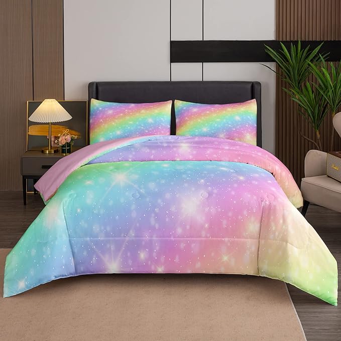 NINENINE Rainbow Bedding Sets,Pink Comforter Sets for girls,Girls Bedding Sets Full,Full Size Comforter Set for girls,Galaxy Comforter Toddler Bedding Set with 1 Comforter 2 Pillowcases - LeafyLoom