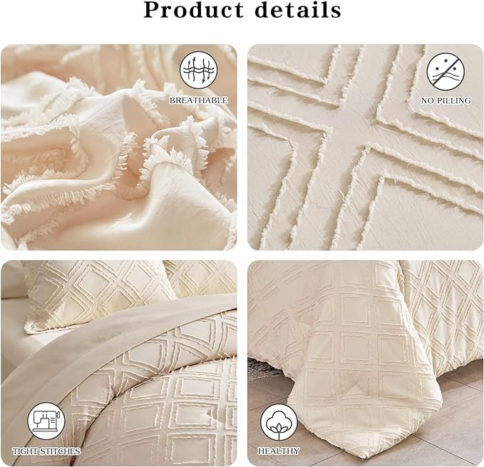 7 Pieces Tufted Bed in a Bag Queen Comforter Set with Sheets Beige, Soft and Embroidery Shabby Chic Boho Bohemian, Luxury Solid Color with Diamond Pattern, Jacquard Tufts Bedding Set for All Season - LeafyLoom