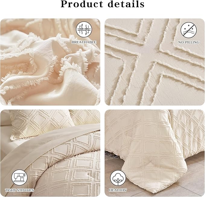 7 Pieces Tufted Bed in a Bag King Comforter Set with Sheets Beige, Soft and Embroidery Shabby Chic Boho Bohemian, Luxury Solid Color with Diamond Pattern, Jacquard Tufts Bedding Set for All Season - LeafyLoom