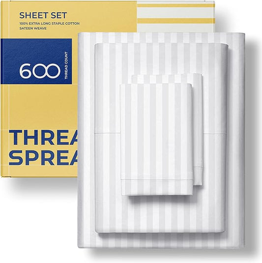 THREAD SPREAD Striped Egyptian Cotton Sheets Twin XL Size - 600 Thread Count 3 PC Damask Twin XL Sheets Deep Pockets, Sateen Weave College Dorm Bedding Twin XL, Fits Mattress upto 18"- White Stripe - LeafyLoom