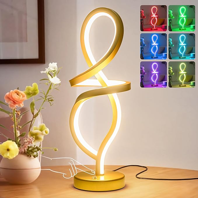 Modern Table Lamp,RGB Table Lamp，LED Spiral Lamp, Gold Bedside Lamp with 7 Colors 10 Light Modes, Touch Dimmable Nightstand Lamp for Bedroom Living Room Home Office, 15W - LeafyLoom