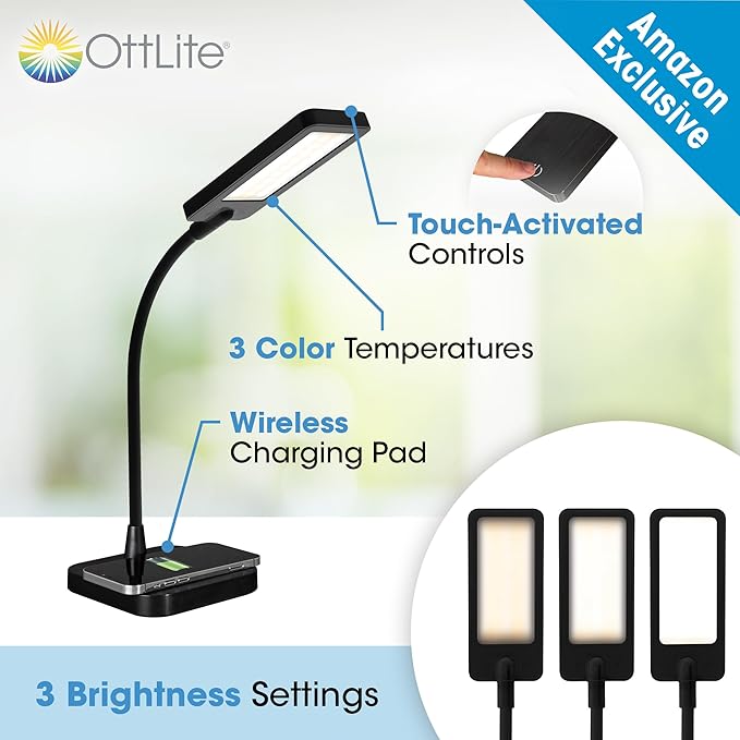 OttLite ClearSun LED Desk Lamp with Wireless Charging - 3 Color Temperature Modes, Flexible Gooseneck - Task Lamp for Home, Reading, Office & College Dorms - LeafyLoom