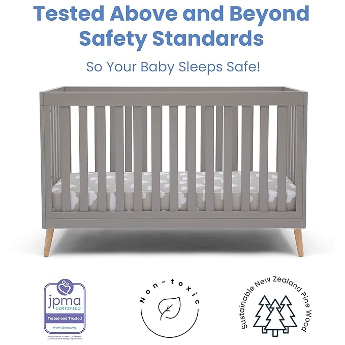 Delta Children Essex 4-in-1 Convertible Baby Crib, Grey with Natural Legs + Delta Children Twinkle Galaxy Dual Sided Recycled Fiber Core Crib and Toddler Mattress (Bundle) - LeafyLoom