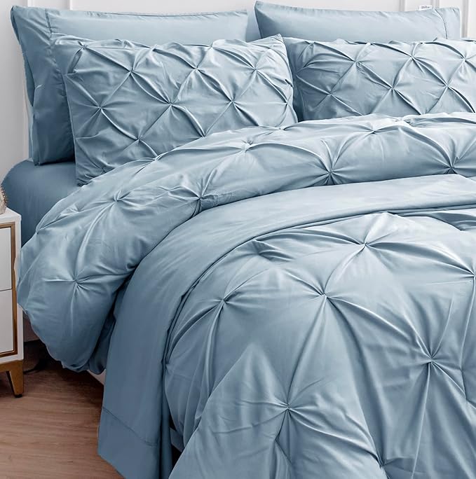 LANE LINEN King Size Comforter Set with Sheets, Complete 7 Piece King Comforter Set, Pintuck King Bedding Set, Soft King Size Bed in a Bag Set, Premium King Bed Set, Pillowcases & Shams - French Blue - LeafyLoom