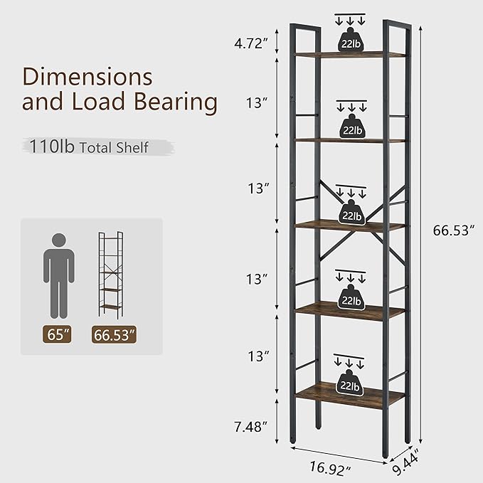 Tajsoon 5 Tier Ladder Bookshelf Industrial Ladder Shelf, Narrow Tall Skinny Bookshelf with Metal Frame, Multipurpose Standing Book Shelf for Bedroom, Living Room, Kitchen, Home Office, Rustic Brown - LeafyLoom