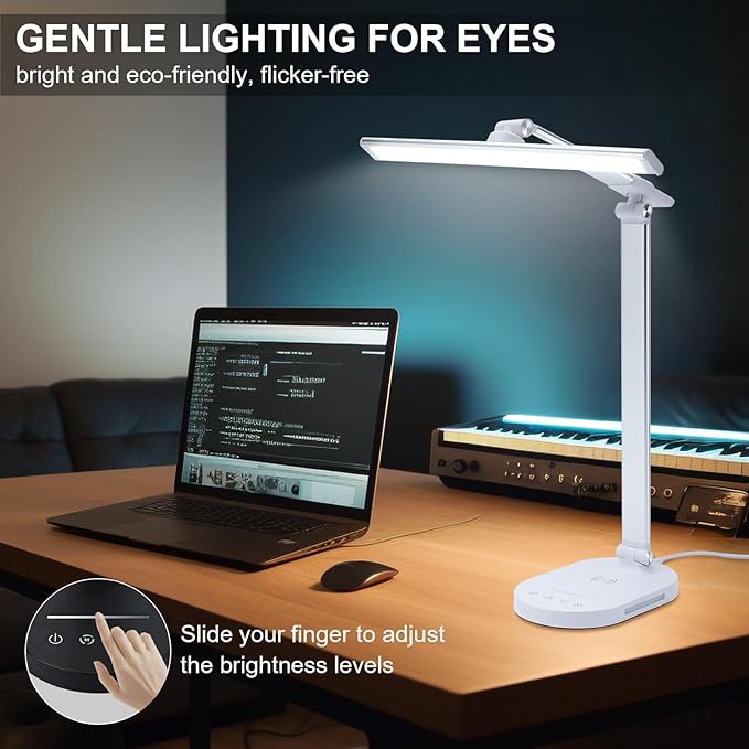 Lightess LED Desk Lamp with Wireless Charger, USB Charging Port, 5 Color Modes, 5 Brightness Level, Dimmable Desk Lamp, Office Table Lamp for Study Reading, Touch Control, Auto Timer - LeafyLoom