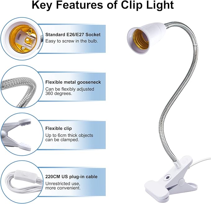 Clip Lamp Holder,Flexible Aluminum Neck Clamp Lights,360°Adjustable Clamp Light Socket,E26/E27 Clamp Light Fixture with 220CM Switch and Plug Cable,Clip Desk Lamp Holder for Study Work Reading,No Bulb - LeafyLoom