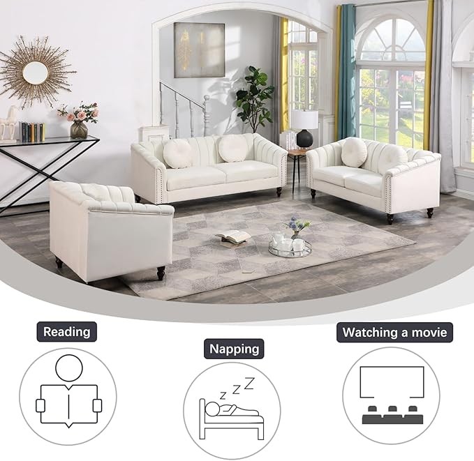 Velvet Modern Living Room Couch 3 Piece with Scroll Arms and Nailhead, includes 2 Love-seat Chair & Armchair, Sofa and Loveseat Set Grey - LeafyLoom