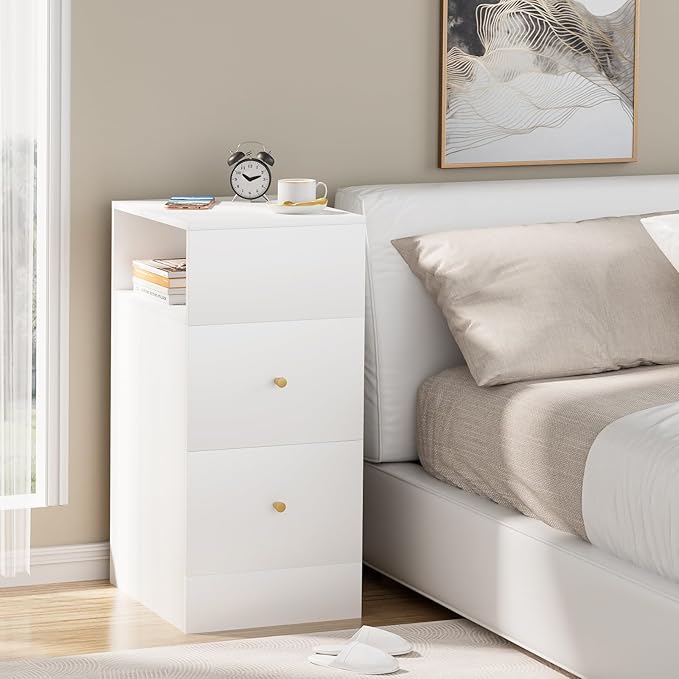 White Nightstand with Two Drawers,Chest of Drawers for Bedroom with Side Opening Storage Rack,3 Tiers Modern Night Table for Bedroom Storage Furniture (Right Angle) - LeafyLoom