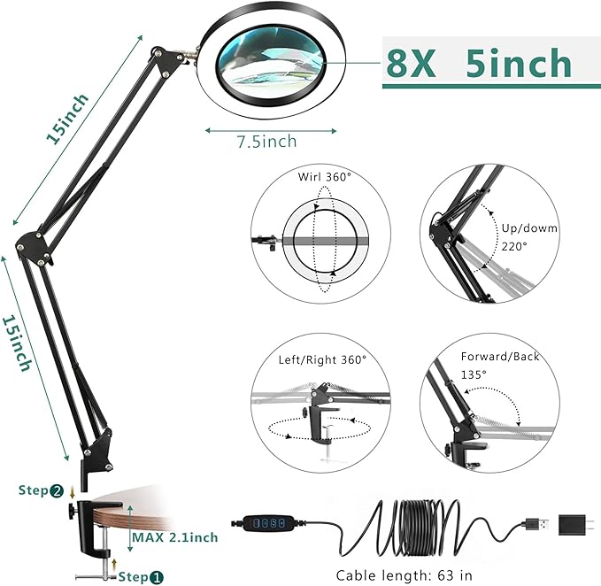 8X Magnifying Glass with Light, 5 Inches Real Glass Lens LED Desk Lamp with Clamp, 3 Color Modes Stepless Dimmable Lighted Magnifier with Light and Stand for Reading Crafts Repair Close Works - Black - LeafyLoom