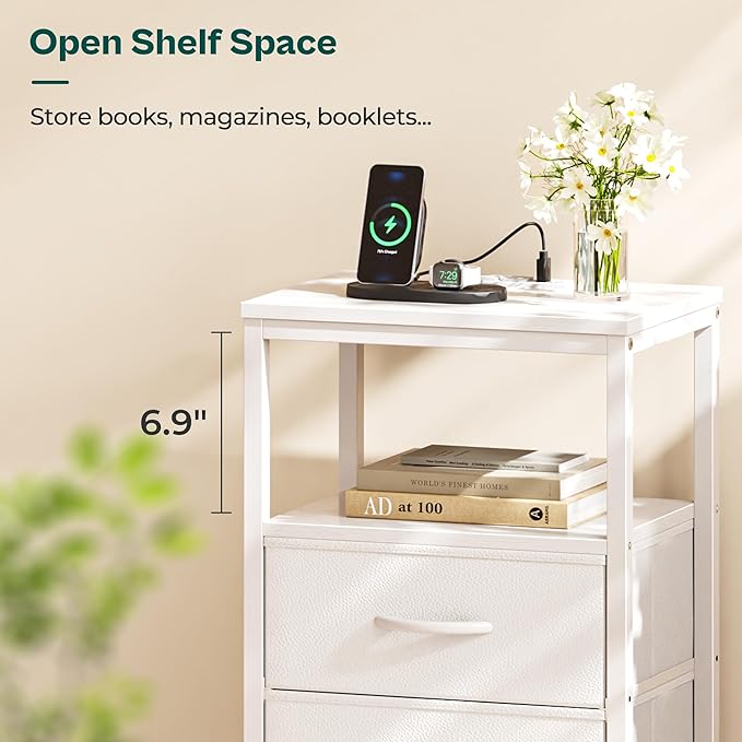 Nightstand with Charging Station, Side Table with Fabric Drawers, End Table with Open Shelf, Bedside Table with USB Ports and Outlets, Night Stand for Bedroom, White - LeafyLoom