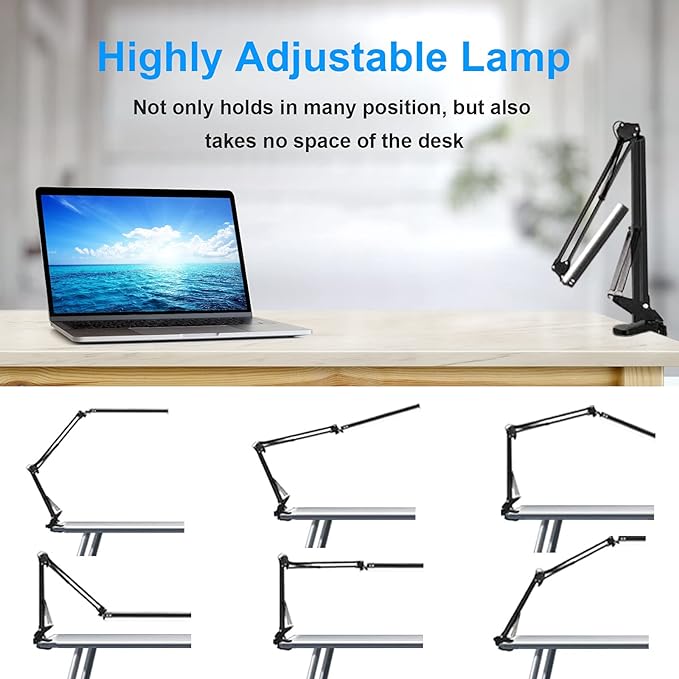 LED Desk Lamp for Home,Office,Reading,Adjustable Eye-Caring Desk Light with Clamp,Swing Arm Lamp Includes 3 Color Modes,10 Brightness Levels Table Lamps with Memory Function - LeafyLoom