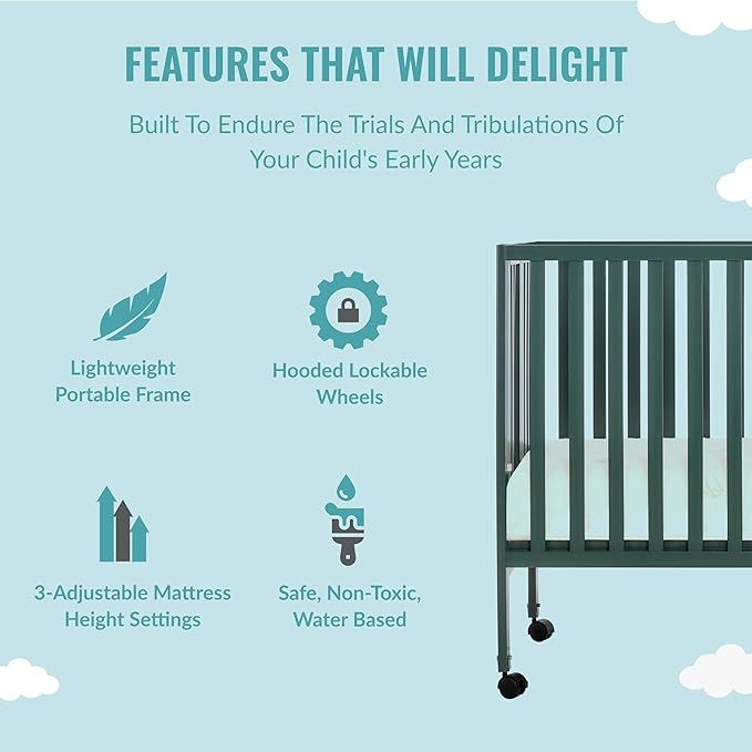 Quinn Full-Size Folding Crib in Olive, Removeable Wheels, Modern Nursey, Adjustable Mattress Support, Portable Crib, Patented Folding System - LeafyLoom